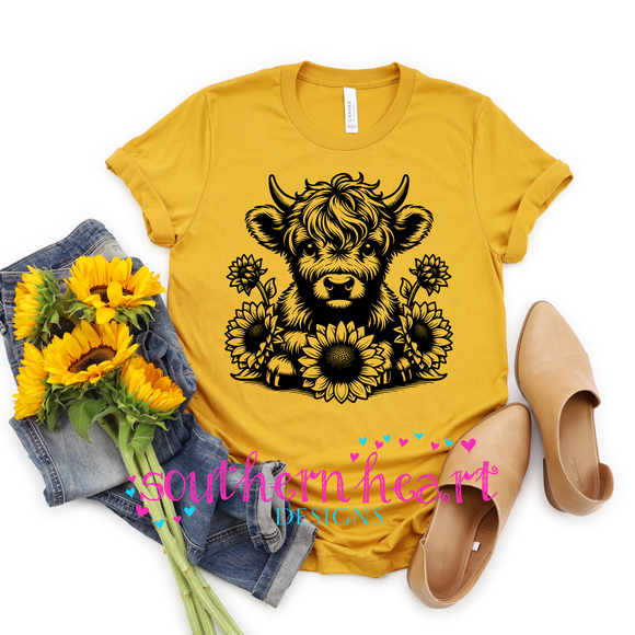 Highland Cow Sunflower T Shirt: Medium