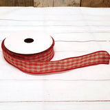 10yd Roll of 1" Wired Red & Beige Ribbon