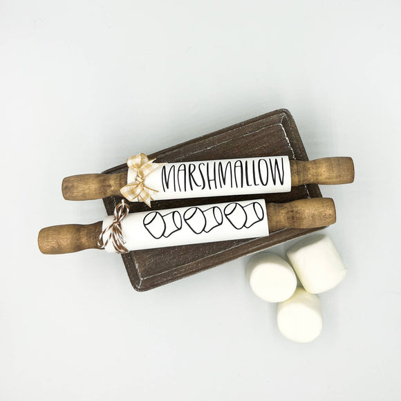 Fall mini rolling pins | S’mores decor | Fall tiered tray: Marshmallow